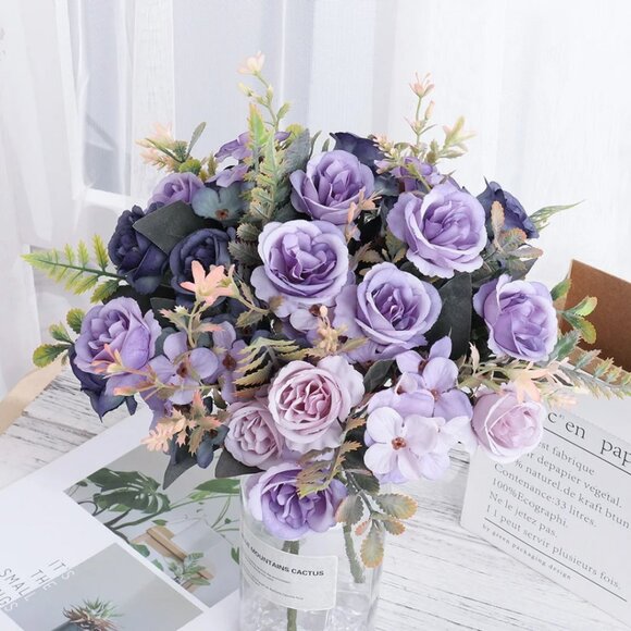 Artificial Dark Deep Purple Flower Arrangment Decoration Rose Bouquet DIY Home - Picture 2 of 4